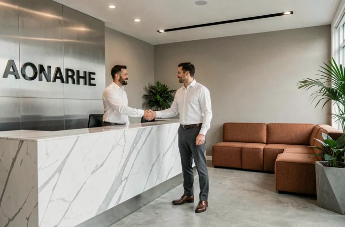 Accueil professionnel d'un client dans un espace business moderne avec mobilier ergonomique et signalétique corporative