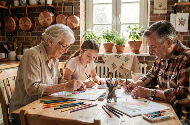 Famille multigénérationnelle faisant des activités créatives ensemble autour d'une table en bois avec des fournitures artistiques