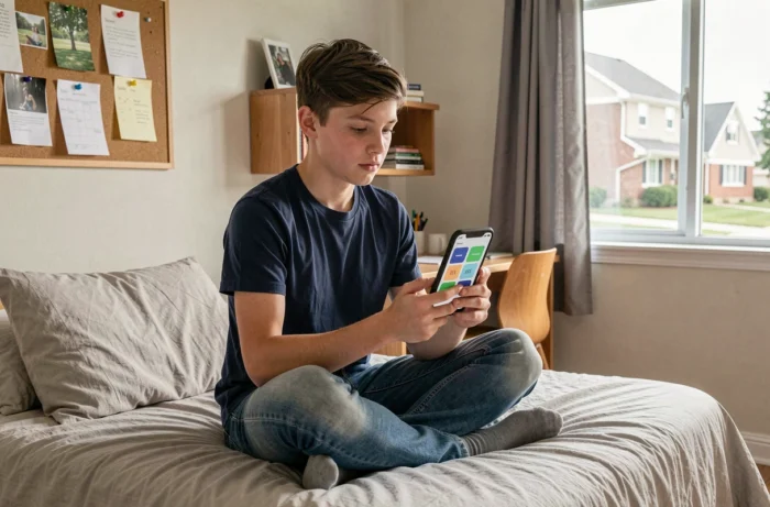 Adolescent révisant avec une application de fiches sur smartphone dans sa chambre