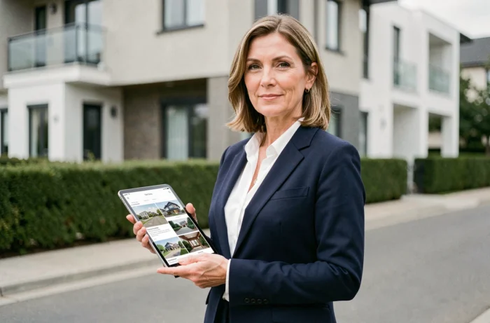 Agent immobilier professionnel tenant une tablette avec des annonces immobilières devant un immeuble moderne