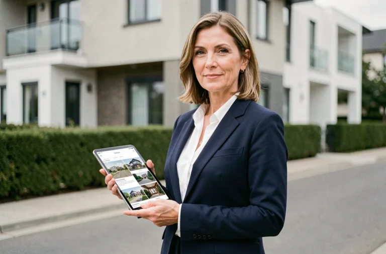 Agent immobilier professionnel tenant une tablette avec des annonces immobilières devant un immeuble moderne