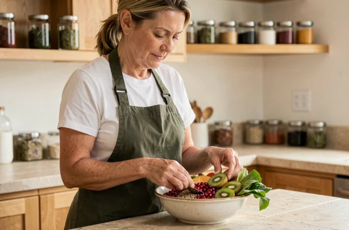 Femme préparant un bol nutritif de fruits et légumes frais pour un mode de vie sain
