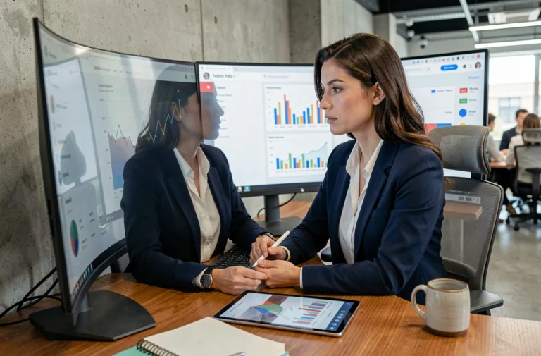 Analyste web féminine étudiant les performances d'un site sur un grand écran avec des tableaux de bord analytiques dans un bureau moderne