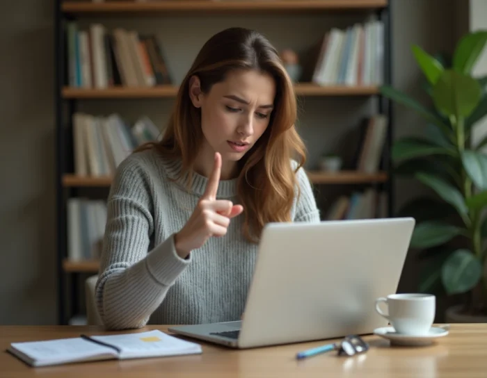 Femme analysant une plateforme en ligne sur un ordinateur portable avec une expression critique, entourée de notes manuscrites dans un bureau à domicile