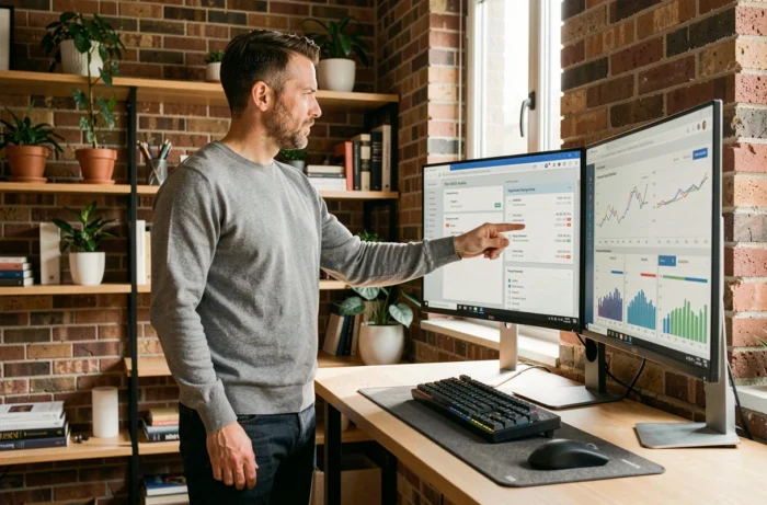 Développeur web masculin analysant les résultats SEO et les performances d'un site web depuis un bureau à domicile avec deux écrans