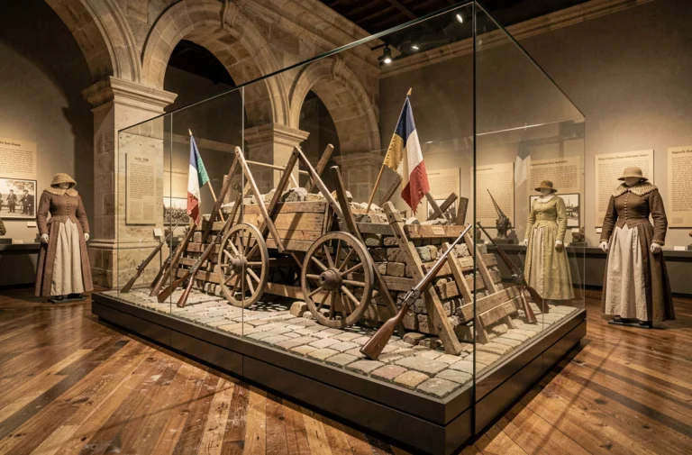 Reconstitution muséale d'une barricade parisienne des Trois Glorieuses de juillet 1830 avec pavés, drapeaux tricolores et costumes d'époque