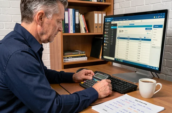 Homme utilisant une calculatrice pour convertir des heures en centièmes dans un bureau à domicile