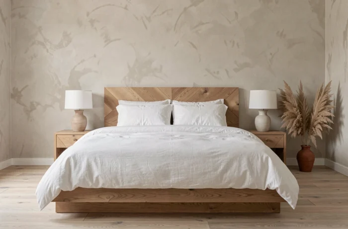 Chambre minimaliste avec lit plateforme bas, parure de lit en coton blanc, sol en frêne clair et vase en terre cuite avec pampa séchée