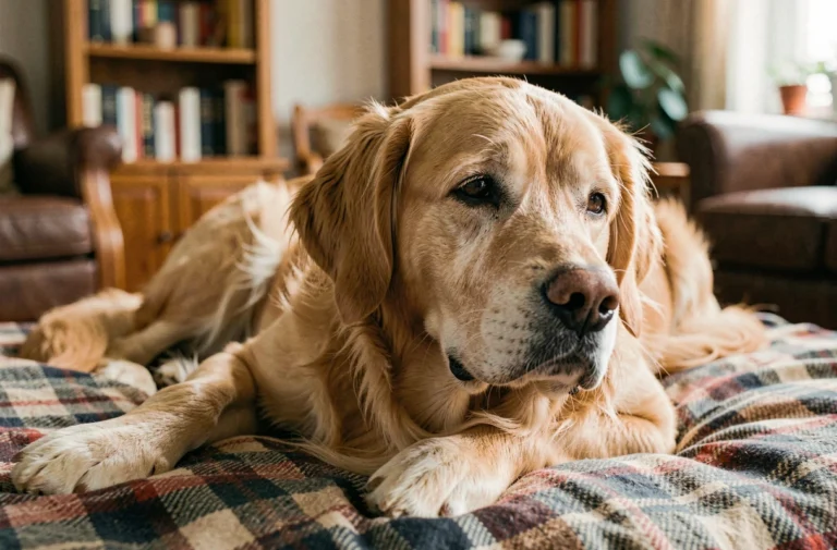 Chien golden retriever senior allongé sur une couverture, représentant la santé et le bien-être d'un vieux chien