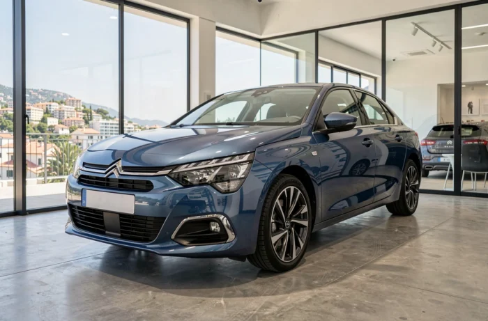 Citroën berline moderne exposée dans un showroom contemporain sur la Côte d'Azur avec vue sur la Méditerranée