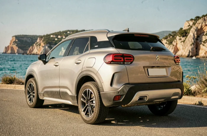 SUV Citroën garé sur une route côtière de la Côte d'Azur avec mer turquoise et falaises en arrière-plan