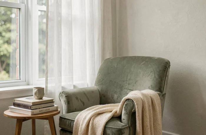 Coin lecture confortable avec fauteuil en velours vert sauge, rideau en lin blanc et tasse de thé posée sur une petite table ronde