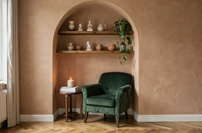 Coin lecture cosy avec fauteuil en velours vert forêt, niche en plâtre argile, étagères en bois et objets déco artisanaux tendance maison