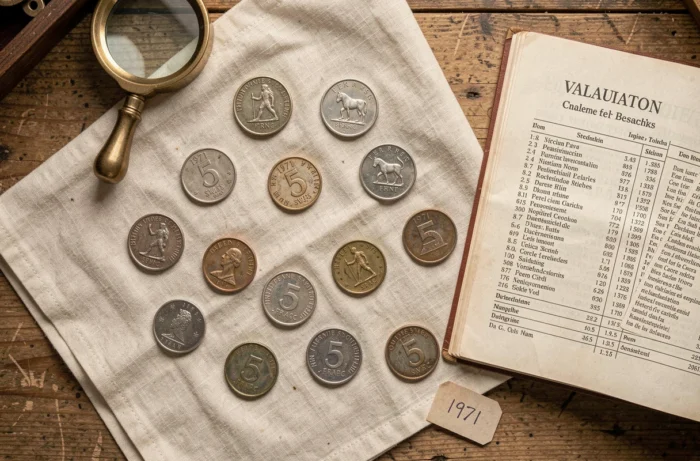 Disposition à plat de plusieurs pièces de 5 francs 1971 en différents états de conservation avec loupe et catalogue de cotation numismatique