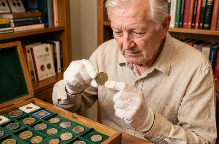 Collectionneur âgé tenant une pièce de 5 francs 1971 avec des gants blancs au-dessus d'un plateau de numismatique en feutre vert