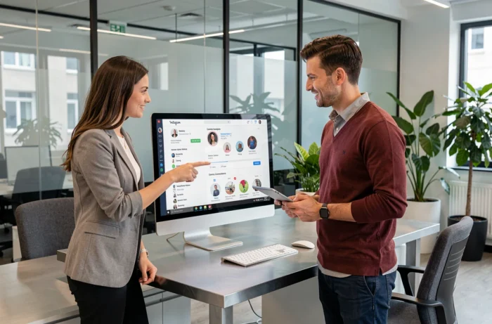 Deux collègues en open space analysant un profil Instagram professionnel sur un écran d'ordinateur pour trouver une adresse mail