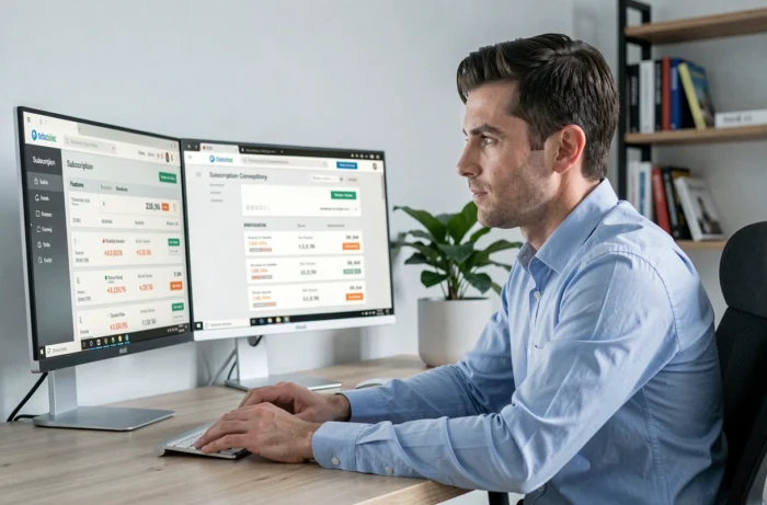 Homme comparant les fonctionnalités gratuites et premium de Quizlet sur ordinateur de bureau