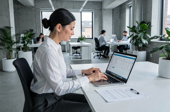 Femme comptable travaillant sur un logiciel de comptabilité avec un contrat de capitalisation imprimé sur un bureau minimaliste