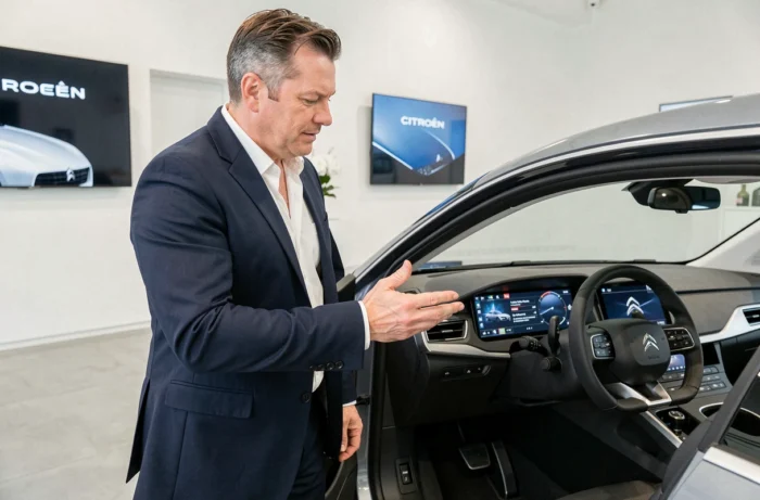 Conseiller commercial Citroën présentant une voiture électrique moderne dans une concession contemporaine