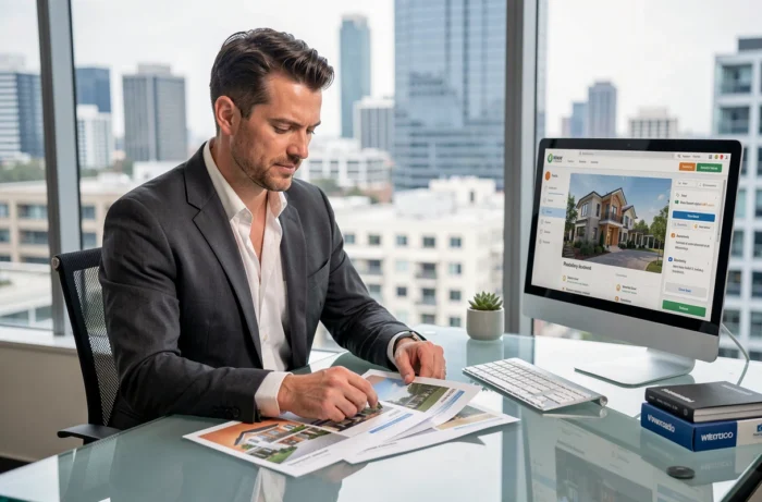 Conseiller immobilier en agence examinant des brochures de propriétés devant un écran de gestion immobilière