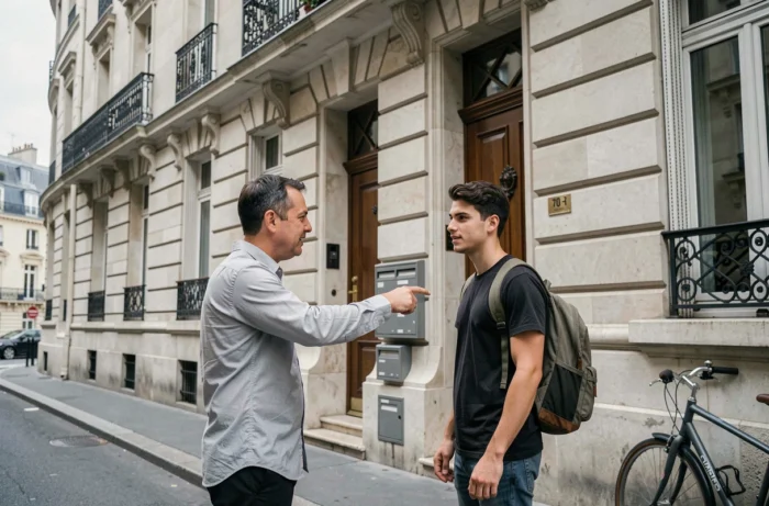 Conseiller immobilier expliquant le Pass Logement à un jeune locataire devant un immeuble parisien