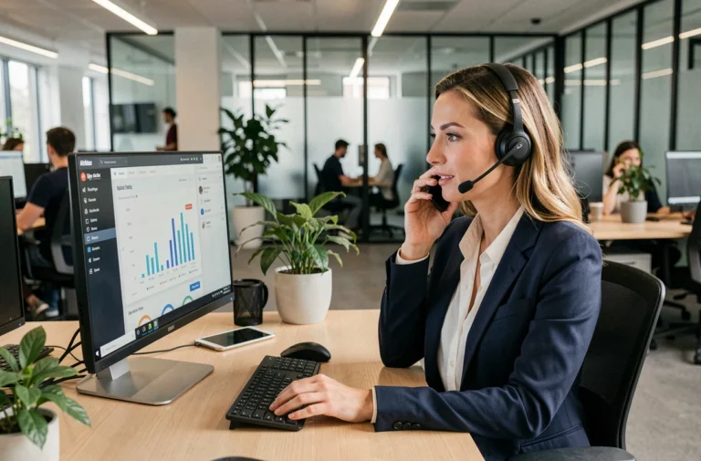 Consultante en agence de référencement en ligne à Bruxelles analysant des données SEO sur un écran