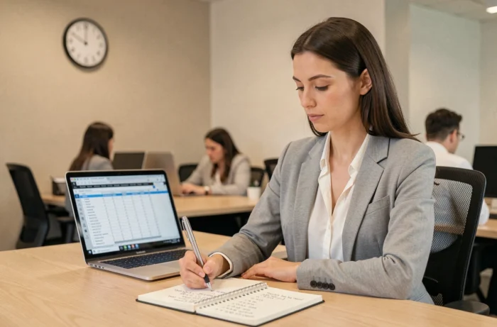 Femme calculant la conversion des heures en centièmes dans un carnet au bureau