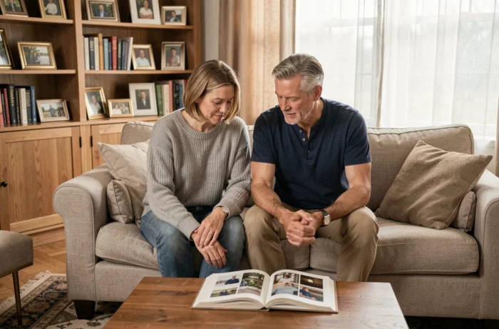 Couple regardant un album photo ensemble dans un salon cosy et raffiné, moment de complicité intime
