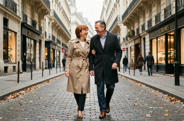 Couple élégant se promenant dans une rue pavée parisienne en automne, moment complice et naturel