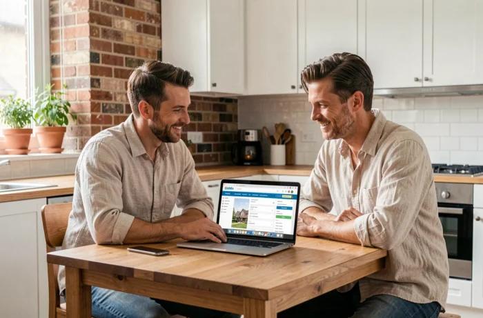 Couple consultant un site immobilier sur ordinateur portable dans une cuisine moderne pour rechercher un bien