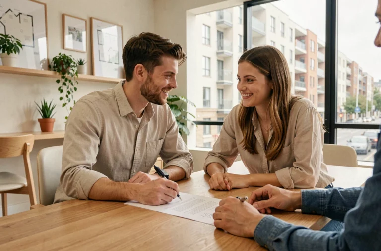 Jeune couple signant un contrat de location dans une agence immobilière moderne grâce au Pass Logement