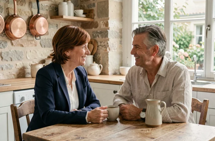 Couple élégant partageant un café dans une cuisine parisienne authentique, atmosphère intime et chaleureuse