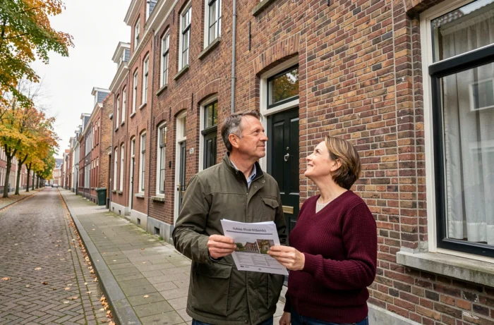 Couple devant une maison de ville en brique belge typique tenant une annonce immobilière imprimée