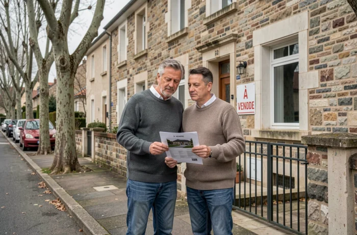 Couple devant une maison à vendre consultant une fiche de propriété immobilière dans une rue résidentielle