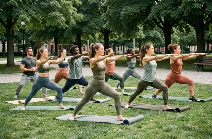 Groupe d'adultes pratiquant le yoga en plein air dans un parc urbain lors d'un cours collectif