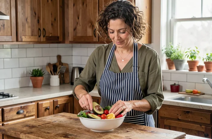 Femme préparant un repas sain et équilibré dans sa cuisine pour prendre soin de son bien-être