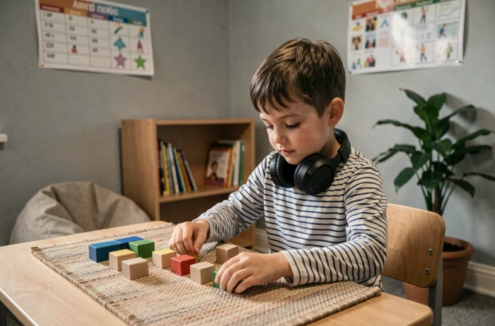 Jeune élève autiste en espace sensoriel aménagé dans une école primaire utilisant des supports d'apprentissage structurés