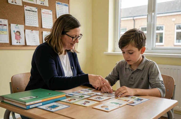 Enseignante spécialisée accompagnant un élève autiste dans une classe ULIS avec des supports visuels et pictogrammes