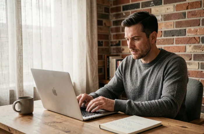 Chef d'entreprise belge contactant une agence SEO par email depuis son bureau à domicile