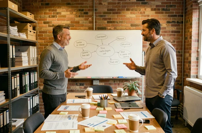Deux entrepreneurs collaborant autour d'un plan d'affaires dans un espace de coworking industriel