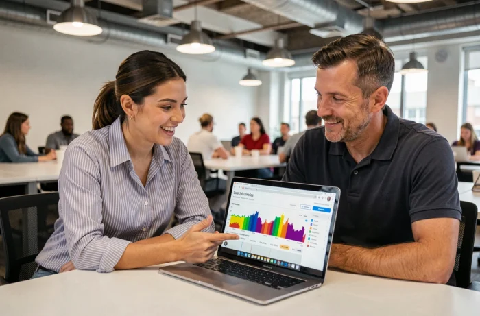 Deux professionnels collaborant autour d'un ordinateur portable pour analyser les statistiques de trafic et les heatmaps d'un site web dans un espace de coworking