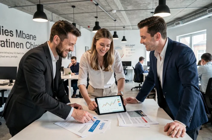 Équipe marketing discutant d'une stratégie de référencement naturel avec une agence SEO belge