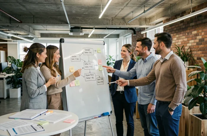Équipe pluridisciplinaire travaillant ensemble sur un tableau blanc pour planifier un projet selon la méthode PRINCE2