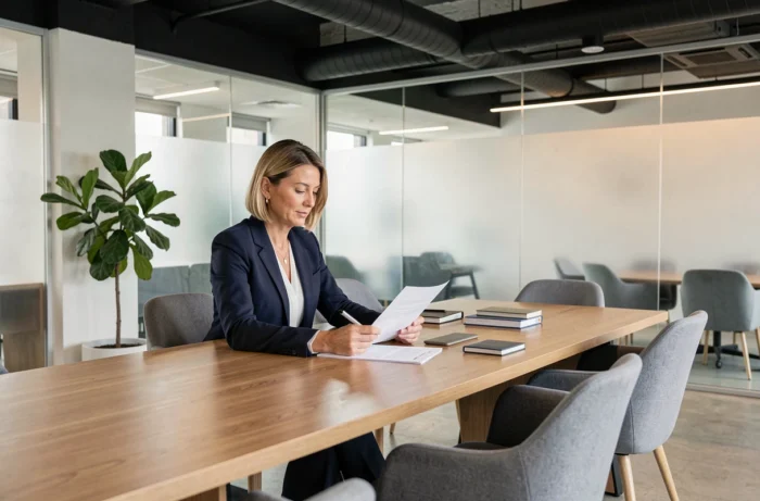 Femme d'affaires dans un espace de réunion professionnel moderne aménagé pour accueillir des clients et partenaires
