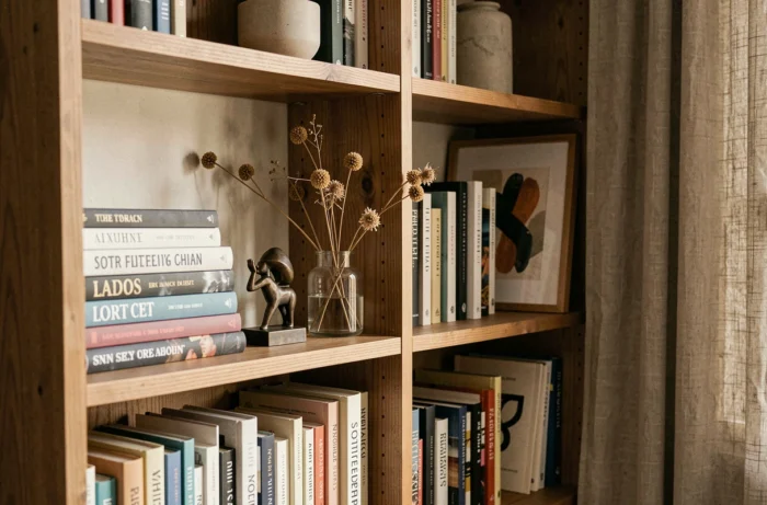 Étagère bibliothèque décorée avec soin, objets de caractère et livres d'art pour une décoration intérieure personnalisée