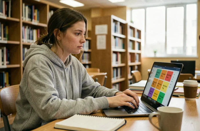 Étudiante utilisant Quizlet sur un ordinateur portable dans une bibliothèque universitaire moderne