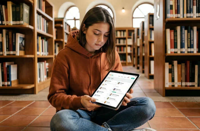 Étudiante explorant les rubriques principales d'un plan de site sur une tablette dans une bibliothèque universitaire