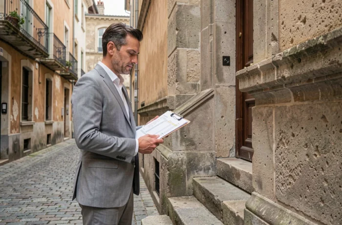 Expert immobilier évaluant un appartement ancien dans le quartier de la Croix-Rousse à Lyon pour une vente au juste prix