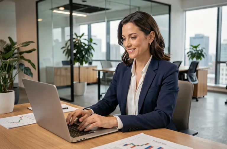 Femme d'affaires analysant des données financières sur un ordinateur portable dans un bureau moderne et lumineux