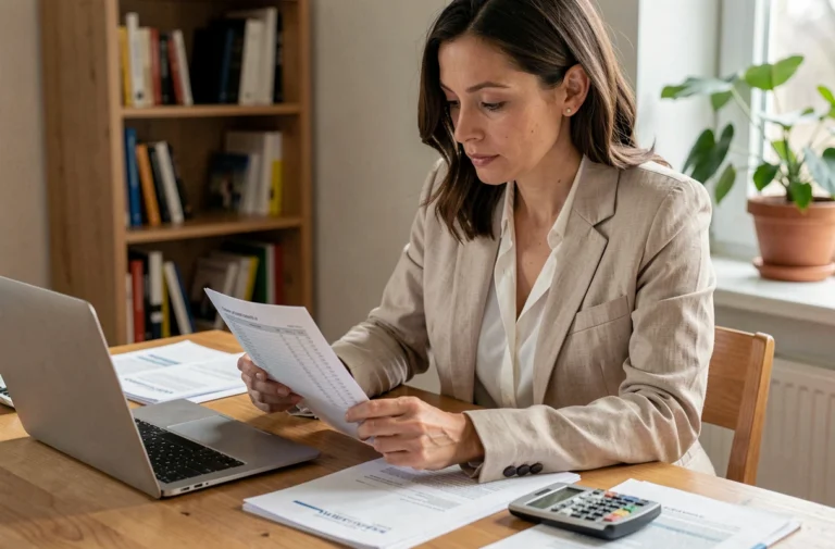 Femme examinant des documents de budget immobilier sur une table en bois dans un appartement moderne